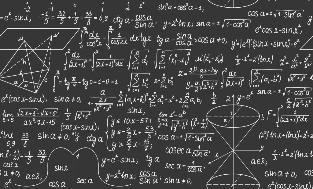 Dark chalkboard wallpaper with white math equations calculus trigonometry and algebra diagrams