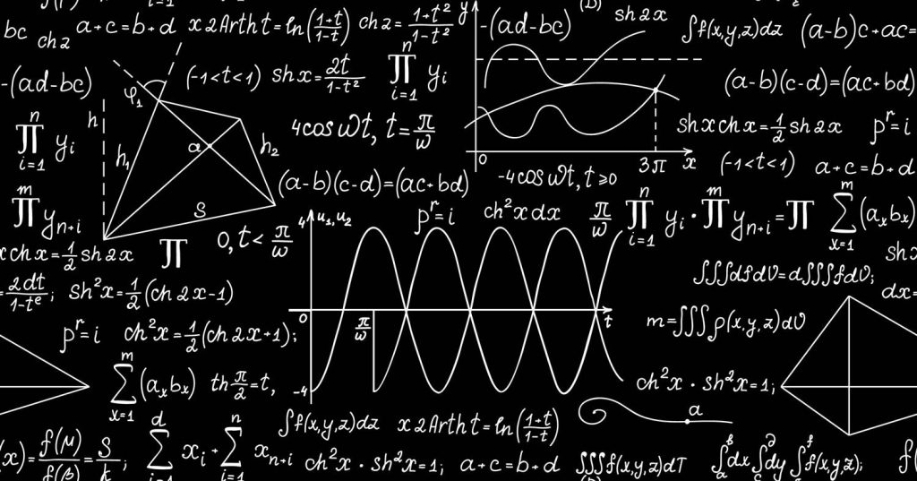 Mathematics wallpaper with white equations integrals hyperbolic functions on blackboard background