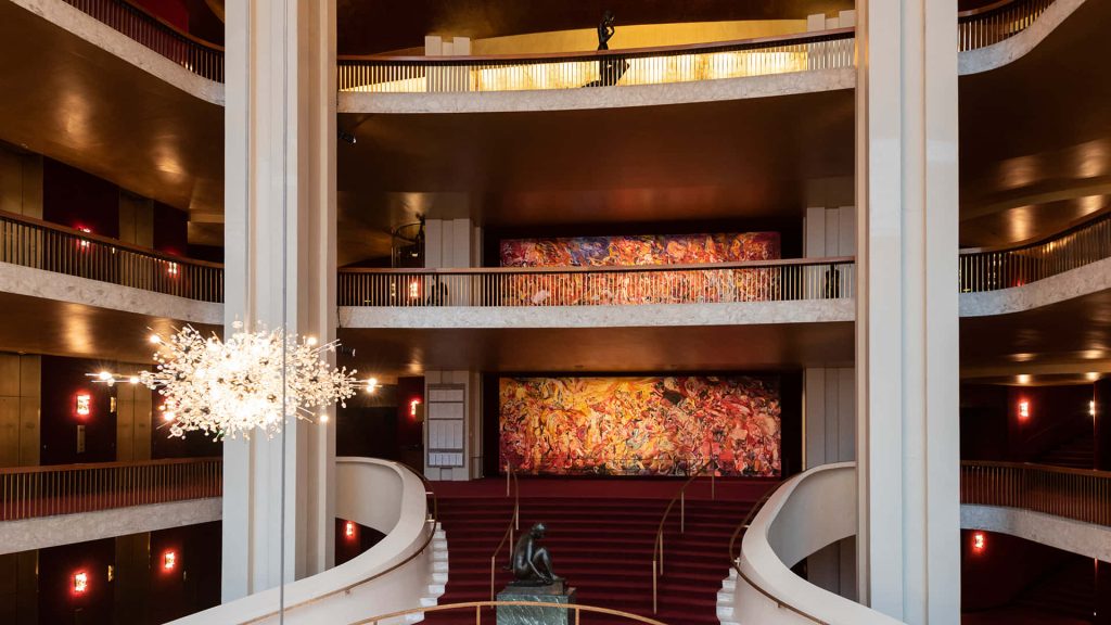 Metropolitan Opera House NYC Zoom background grand staircase chandeliers Chagall murals interior Wallpaper