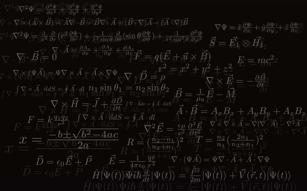 Dark chalkboard physics wallpaper with vector calculus and quantum mechanics equations background