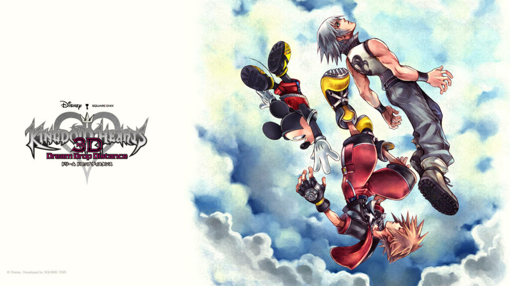 Sora and Kingdom Hearts logo with Riku and Mickey in vibrant Dream Drop Distance sky wallpaper