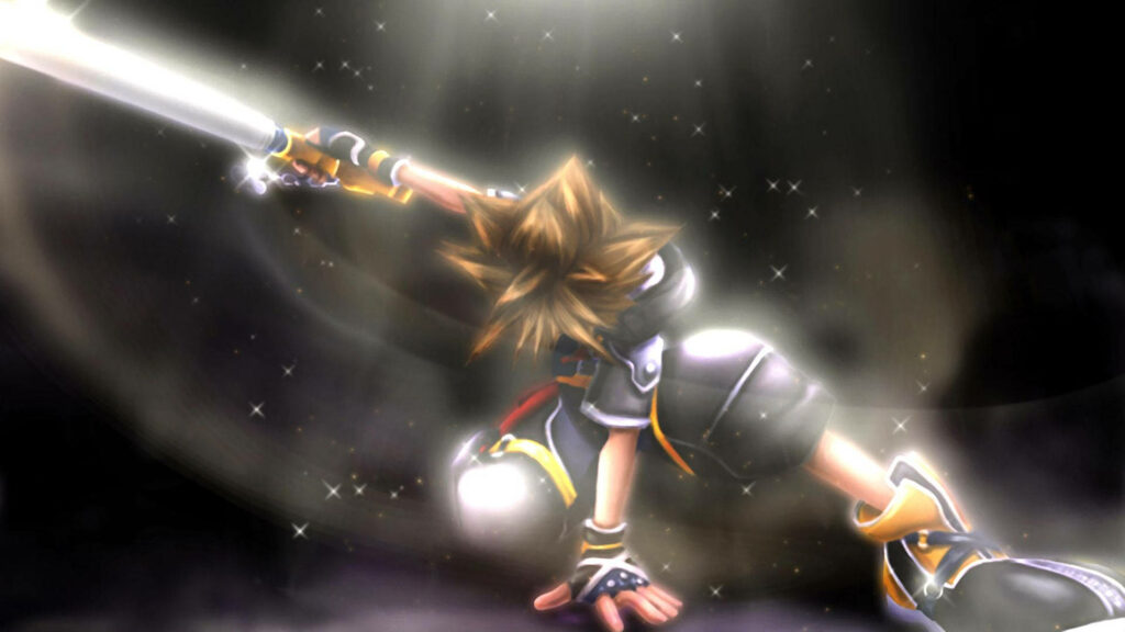 Sora from Kingdom Hearts wielding Keyblade in radiant pose with magical light and sparkles background Wallpaper