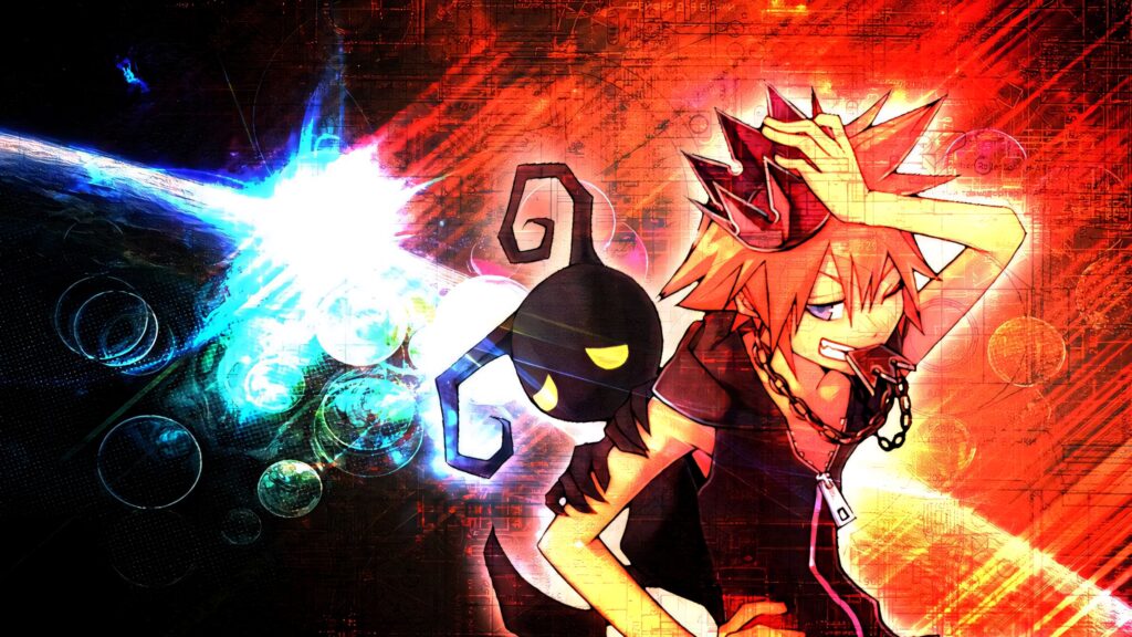 Sora from Kingdom Hearts glowing with determination and light against vibrant wallpaper background