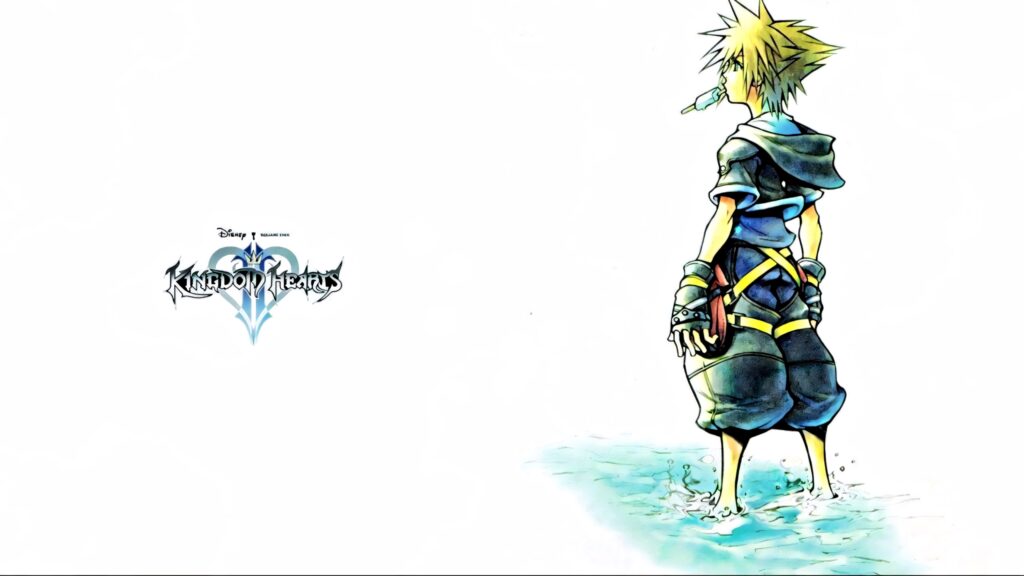 Sora from Kingdom Hearts standing in shallow water with Kingdom Hearts logo on white background Wallpaper