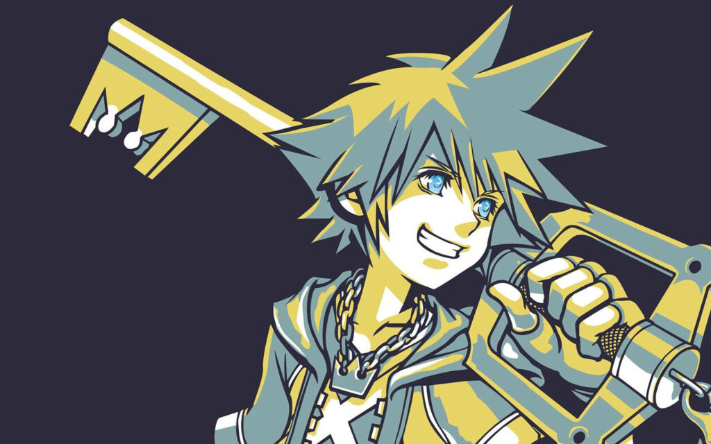 Sora wielding Keyblade with determination in vibrant colorful Kingdom Hearts adventure wallpaper