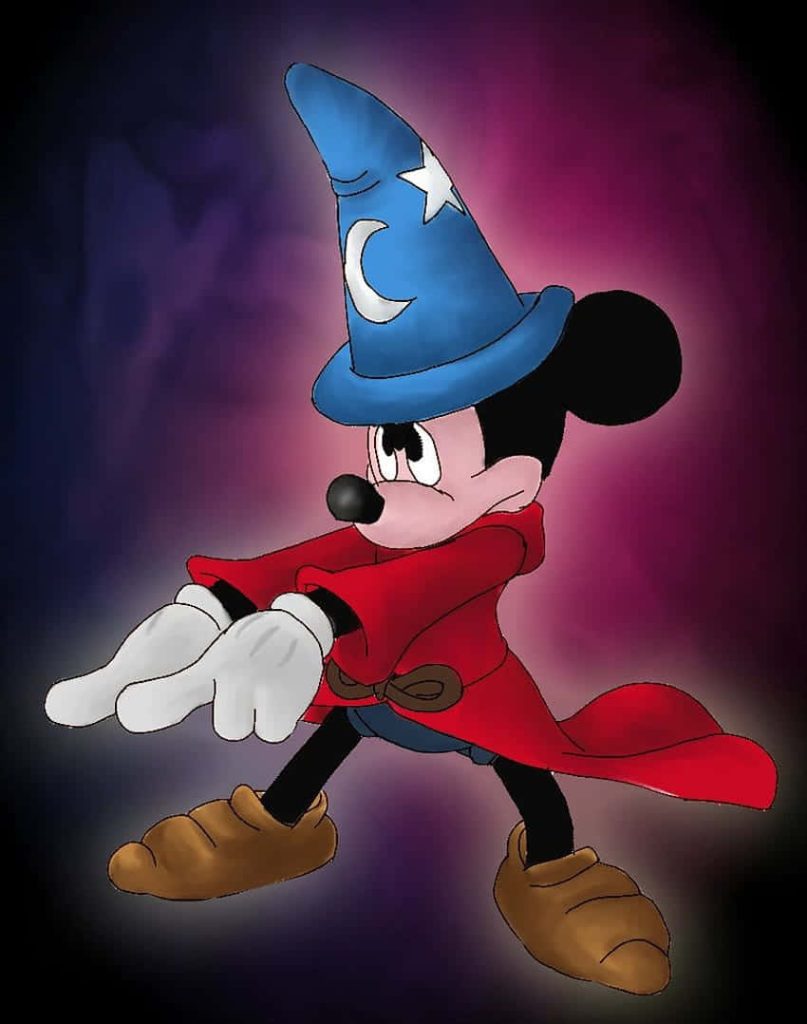 Sorcerer Mickey Fantasia digital wallpaper in red robe and starry blue hat casting magic