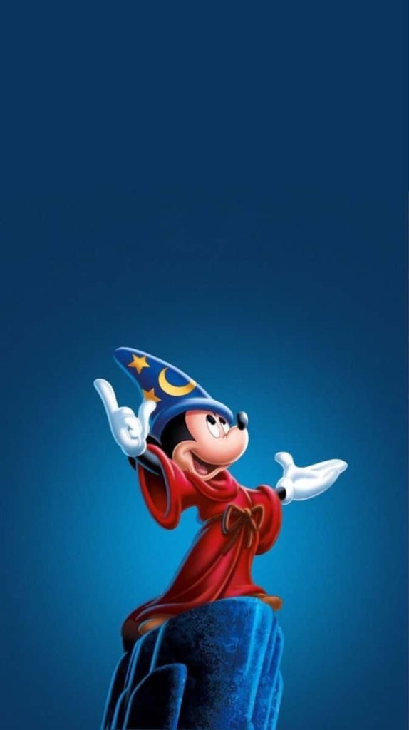 Sorcerer Mickey Fantasia 3D wallpaper red robe starry hat on rocky peak dark blue background