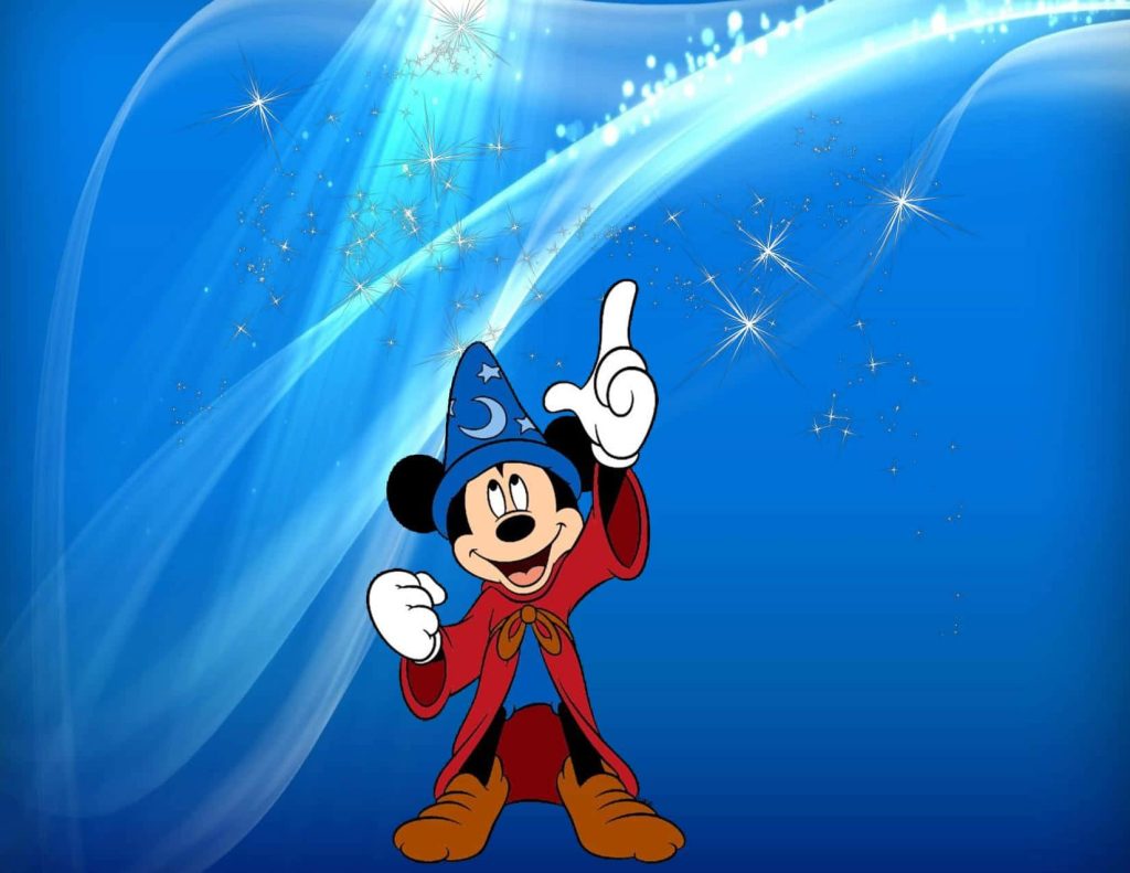 Sorcerers Apprentice Mickey Mouse in red robe with glowing magic stars on blue wallpaper