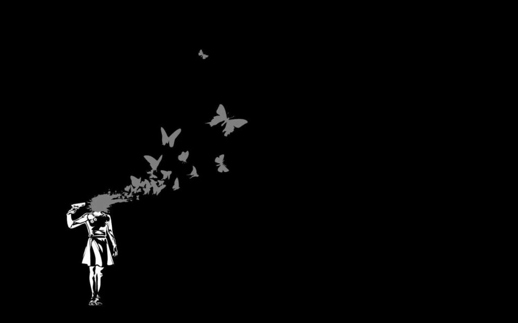 Symbolic Transformation: A Hauntingly Beautiful Computer Wallpaper featuring a Girl's Metamorphosis into Butterflies