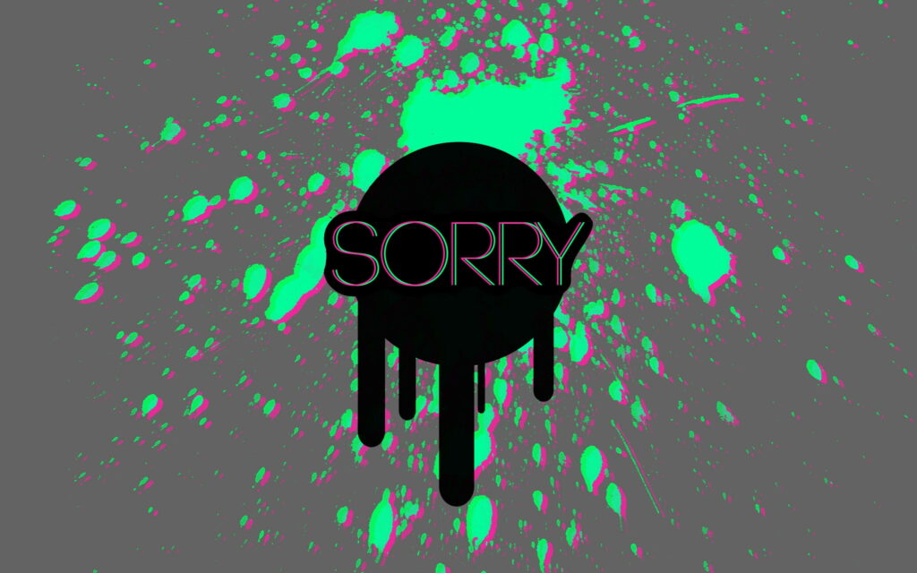 Vibrant Apologies: 3D Typography Amidst Paint Splatters, a Digital Art Masterpiece in QHD Wallpaper