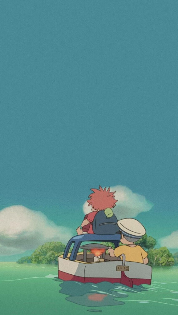 Sosuke and Ponyo in small boat on calm water with clear sky and green landscape background wallpaper