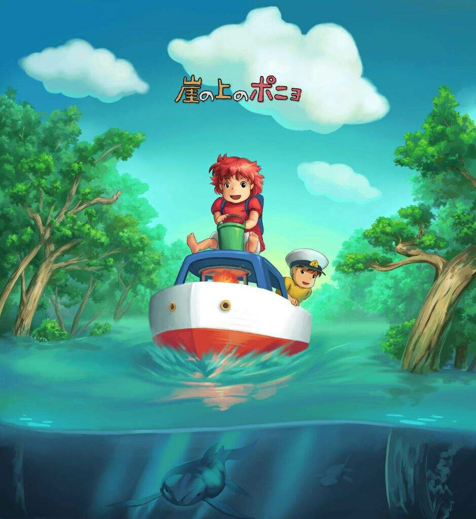 Sosuke and Ponyo boat ride through lush green waterway under bright blue sky animated film scene Wallpaper