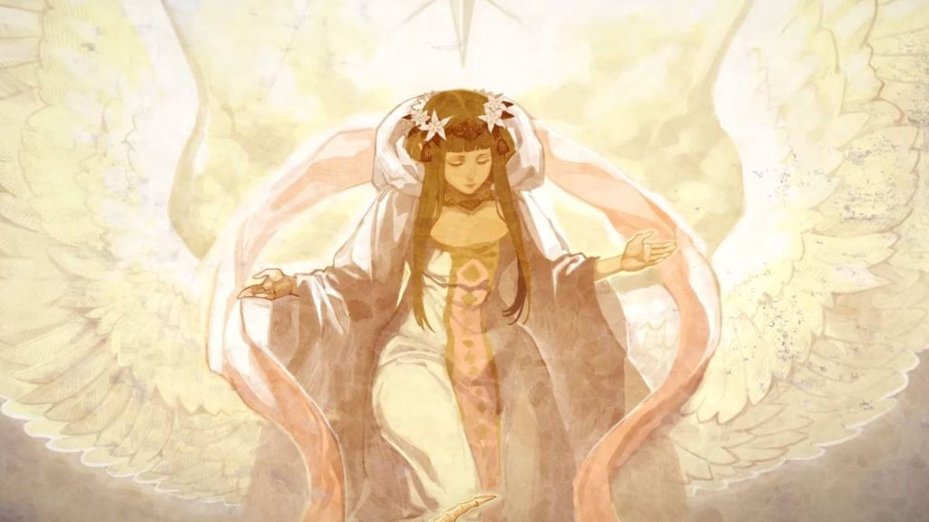 Sothis from Fire Emblem with majestic white angel wings glowing in soft golden light wallpaper
