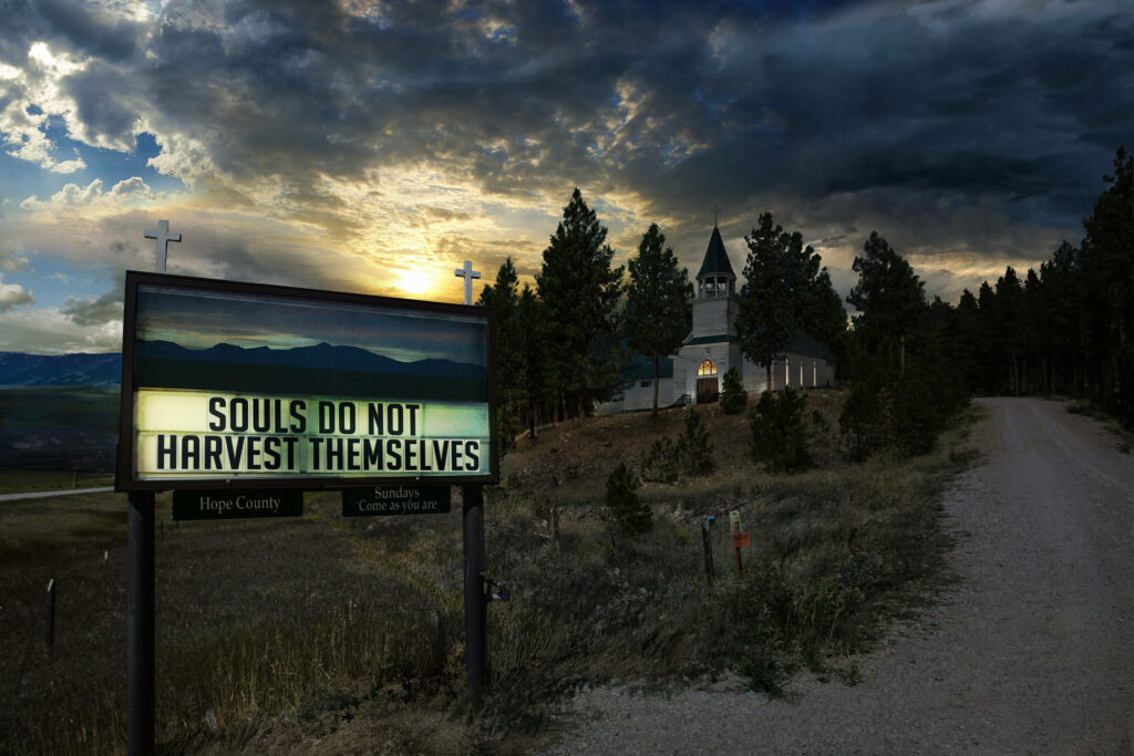 Soulful Slogans: A Captivating Snapshot of Joseph Seed's Cult Church Billboard in the Far Cry 5 Universe Wallpaper