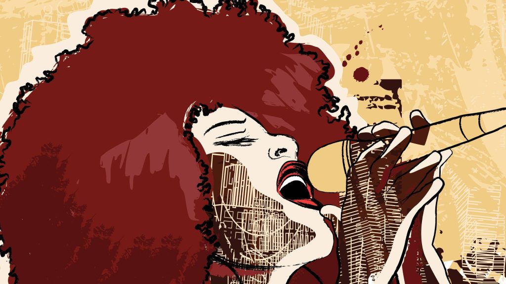 Stylized woman with afro passionately singing jazz in bold red cream vintage music poster Wallpaper