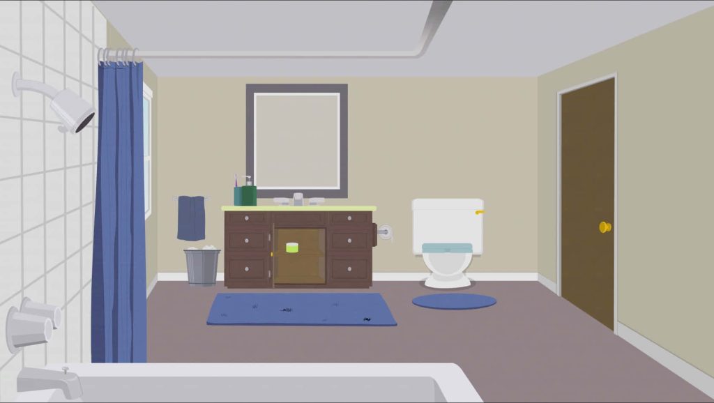 South Park 2D animated bathroom background with brown vanity toilet and blue shower curtain Wallpaper