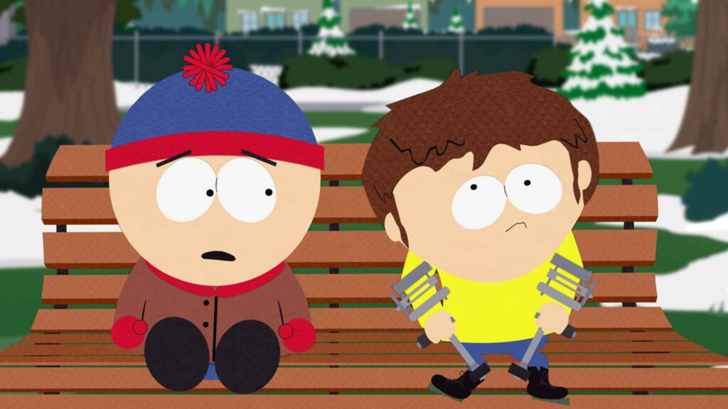 South Park Characters on Snowy Bench - Iconic Wallpaper Background
