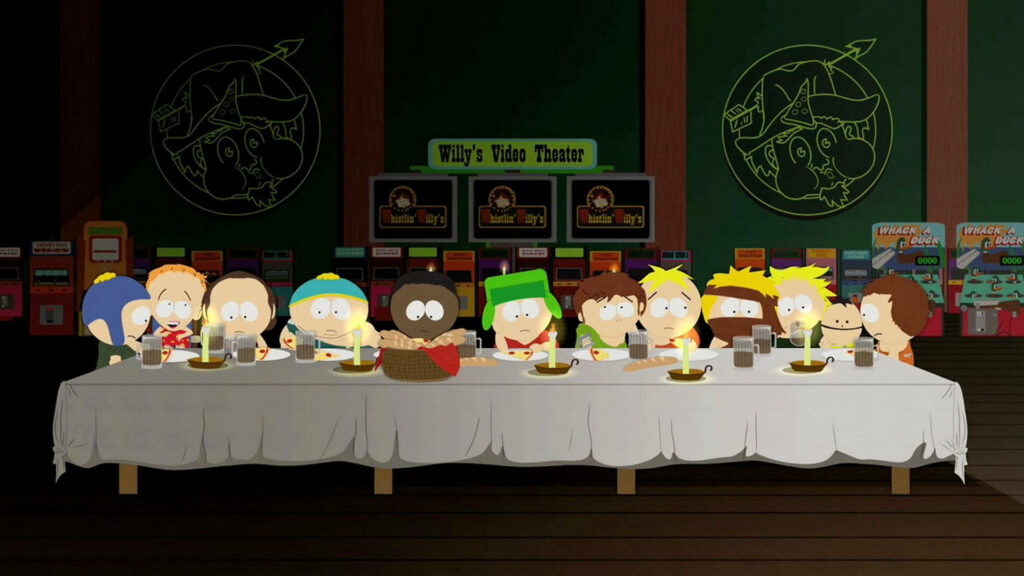 South Park Eric Cartman and friends parody The Last Supper in arcade with animated style wallpaper