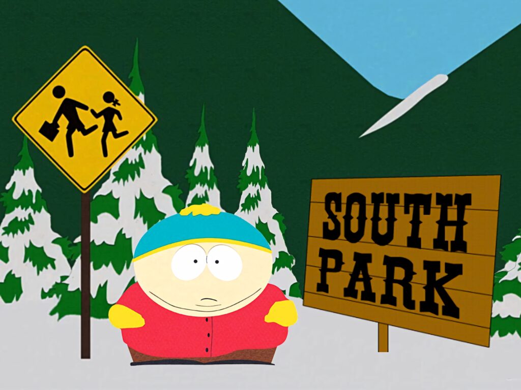 South Park poster wallpaper with Eric Cartman snowy pine trees town sign vibrant cartoon style