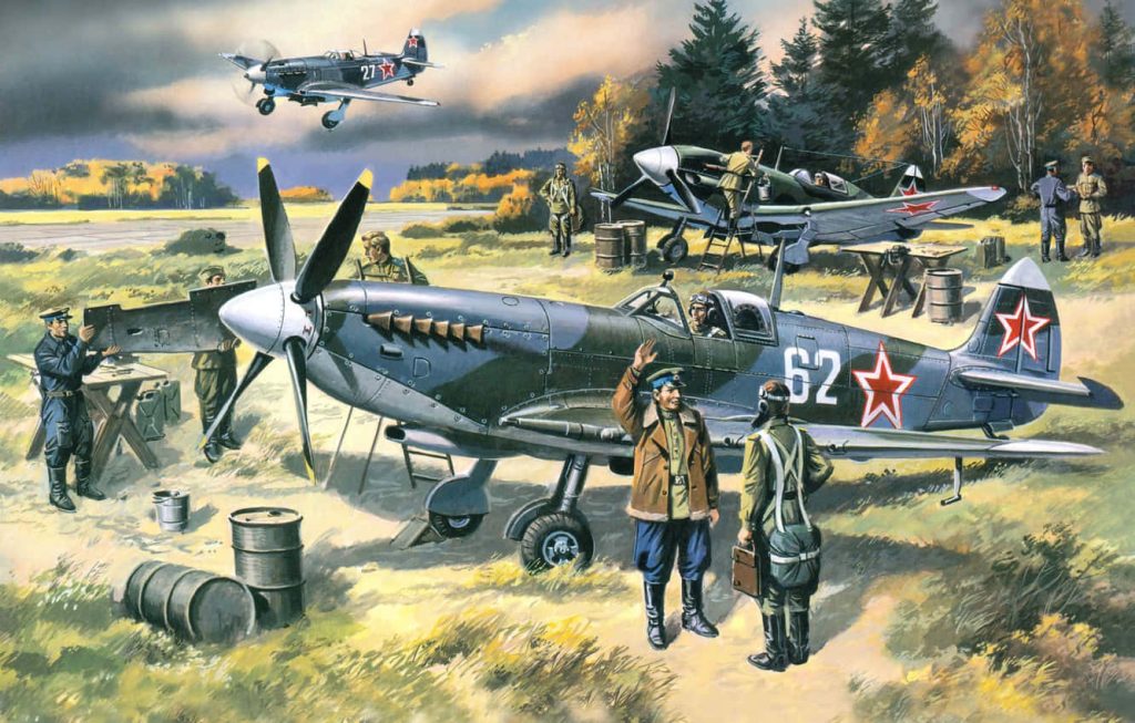 Detailed WWII aviation illustration of Soviet Air Force Spitfires and crew on grassy airfield Wallpaper