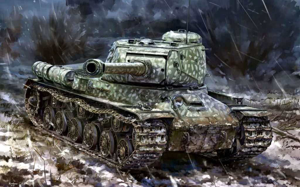 Digital illustration of Soviet IS-2 heavy tank in snowy war-torn landscape with moody lighting Wallpaper