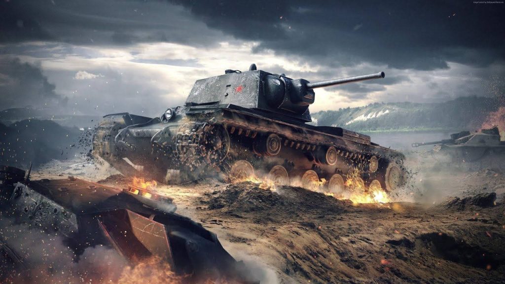Soviet KV-1 heavy tank with red star on fiery muddy battlefield under stormy skies wallpaper