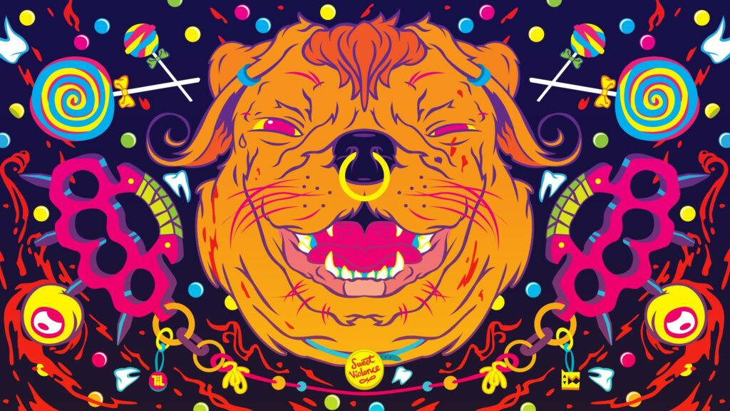 Galactic Canine Warrior: A Mind-Bending HD Psychedelic Space Art featuring a Cosmic Pooch with Metallic Knuckle Armor Wallpaper