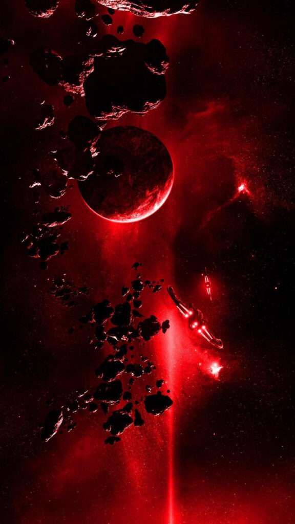 Exploration Amidst a Celestial Debris Field: Two Spaceships Traverse a Vivid Red Cosmos Wallpaper