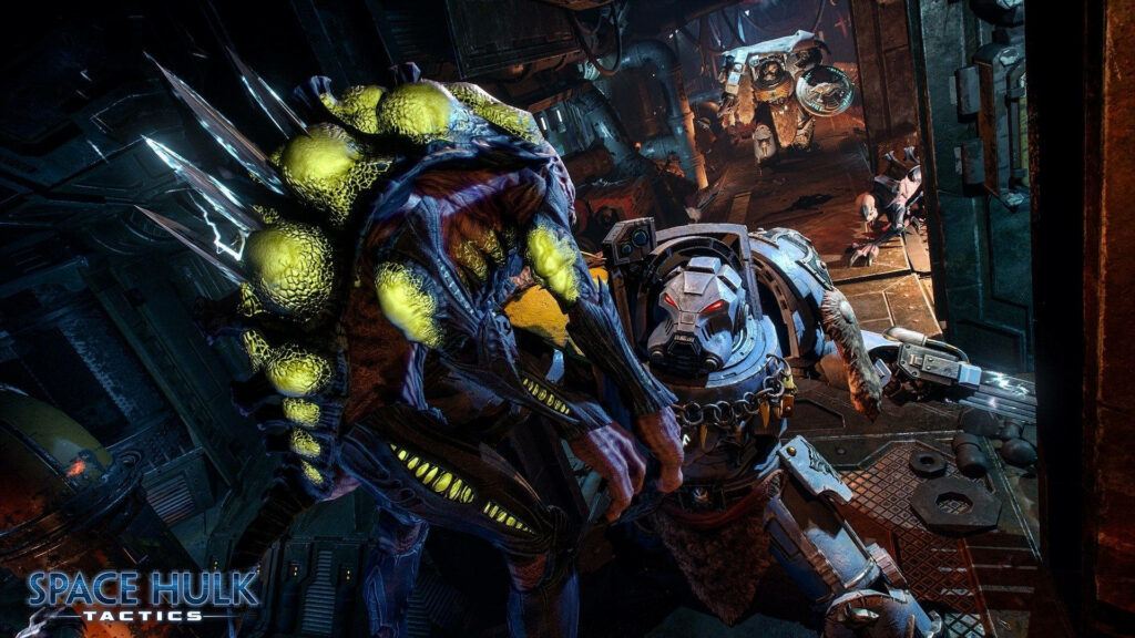 Space Hulk Tactics wallpaper showing armored space marine fighting monstrous alien in dark sci-fi battle
