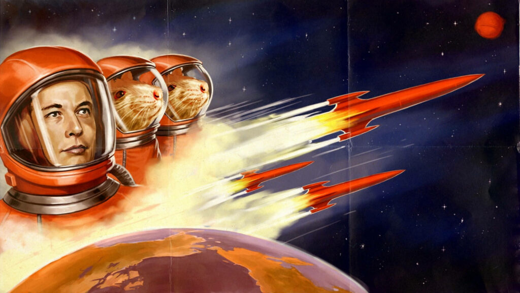 Cosmic Wallpaper: Elon Musk & Space Mice in Red Spacesuits Artwork