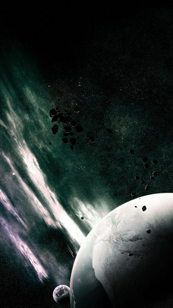 A Majestic Cosmic Dance: Asteroids Glide Above a Celestial World in Stunning 4K – Captivating Space 4k Phone Wallpaper