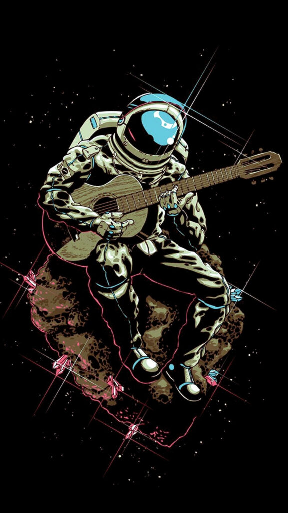 Astronaut playing acoustic guitar on glowing asteroid with pink cyan geometric space background Wallpaper