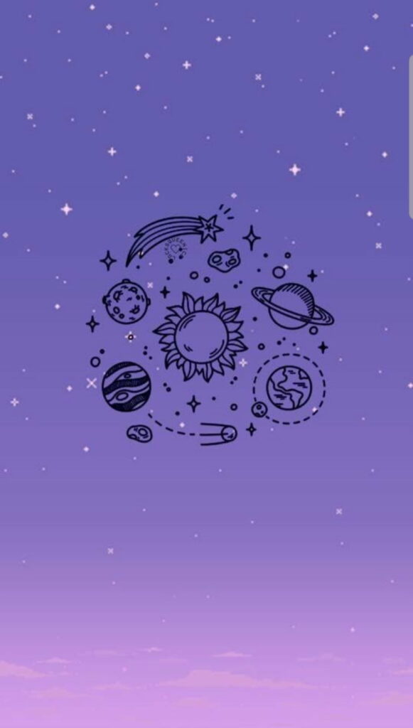 Space-themed phone wallpaper with minimalist planets sun and shooting stars on purple gradient
