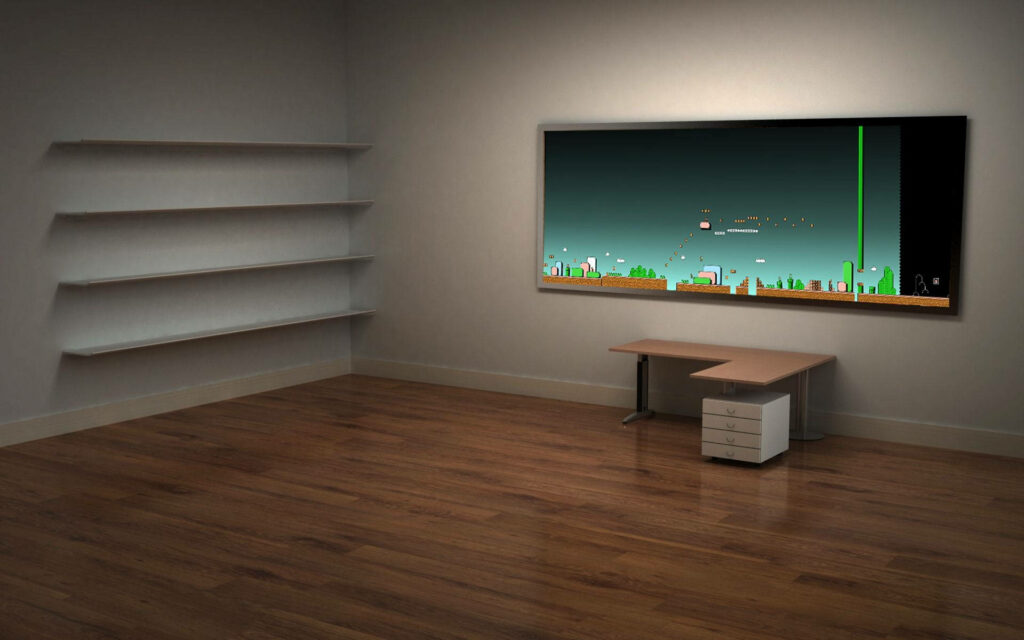 Workspace Bliss: Zoom into an Expansive Office Haven with a Sleek Desk Setup and Immersive Wide TV Wallpaper