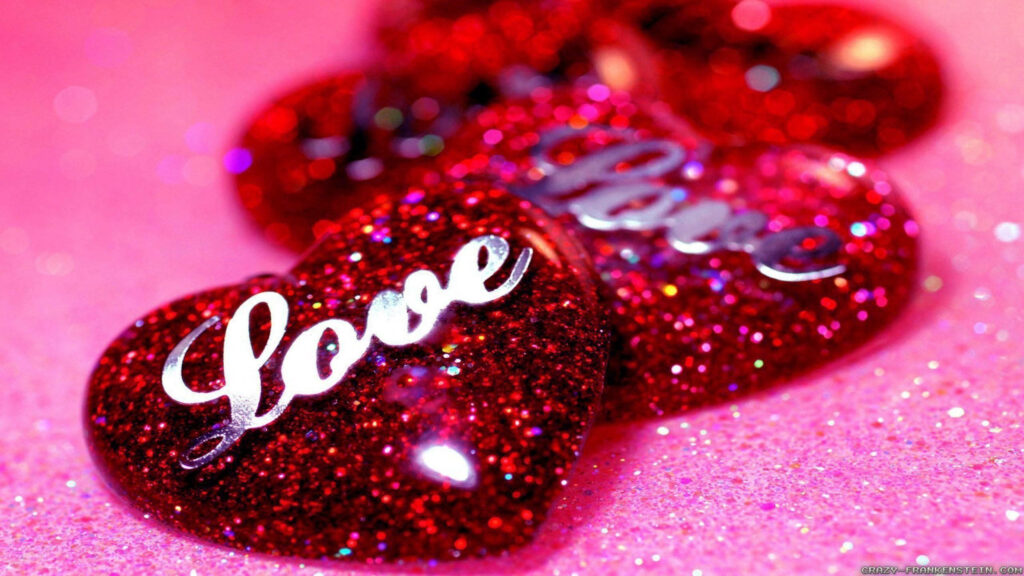 Heartfelt Affection: A Stunning Love Message Adorned with Glittery Hearts Wallpaper