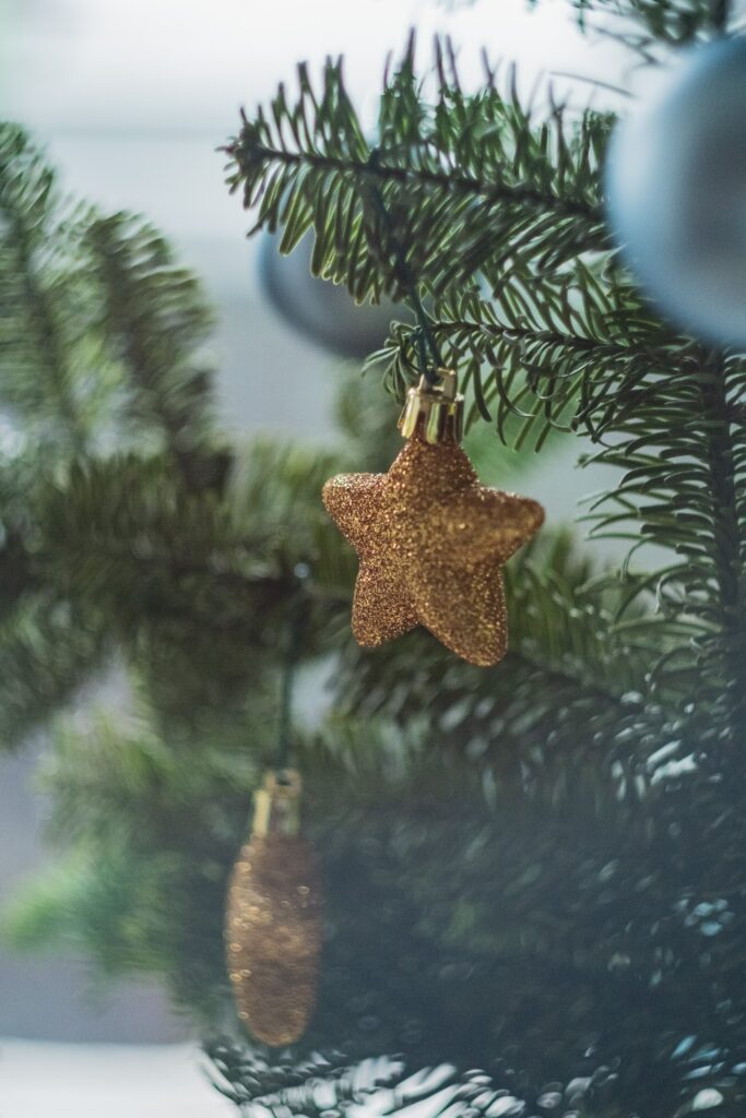Glittery Star Ornament on Christmas Tree Branch - Festive Wallpaper