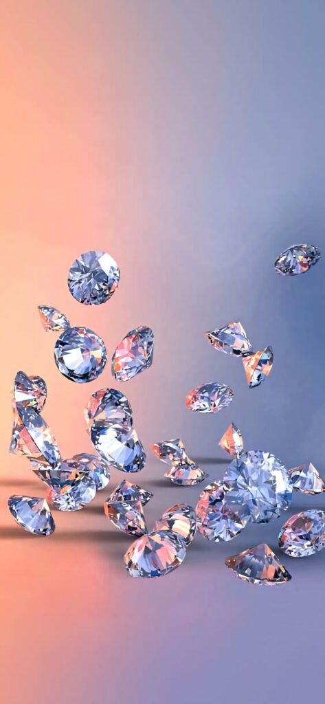 Photorealistic diamond wallpaper with sparkling gems on peach and lavender gradient background