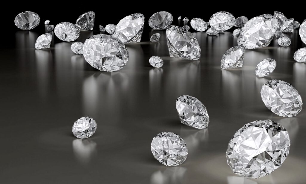 Sparkling diamonds on reflective surface with dramatic lighting and sleek gradient background Wallpaper