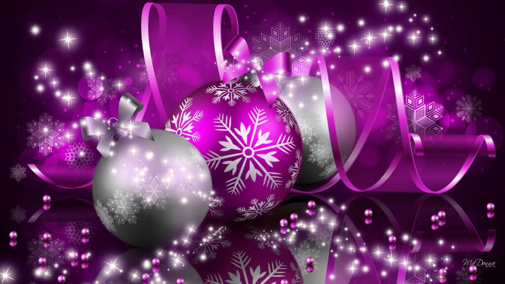 Festive Elegance: Glittering Christmas Ornaments and Snowflakes Dance Amidst a Sleek Midnight Sparkle Wallpaper