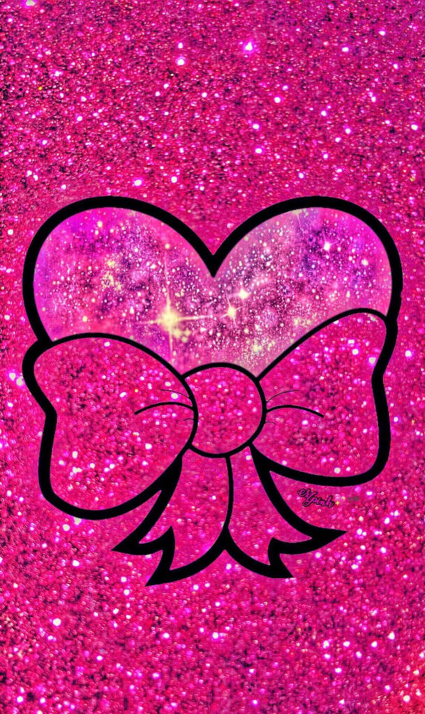 Sparkling Pink Wallpaper with Glitter Hearts & Bold Ribbon Design