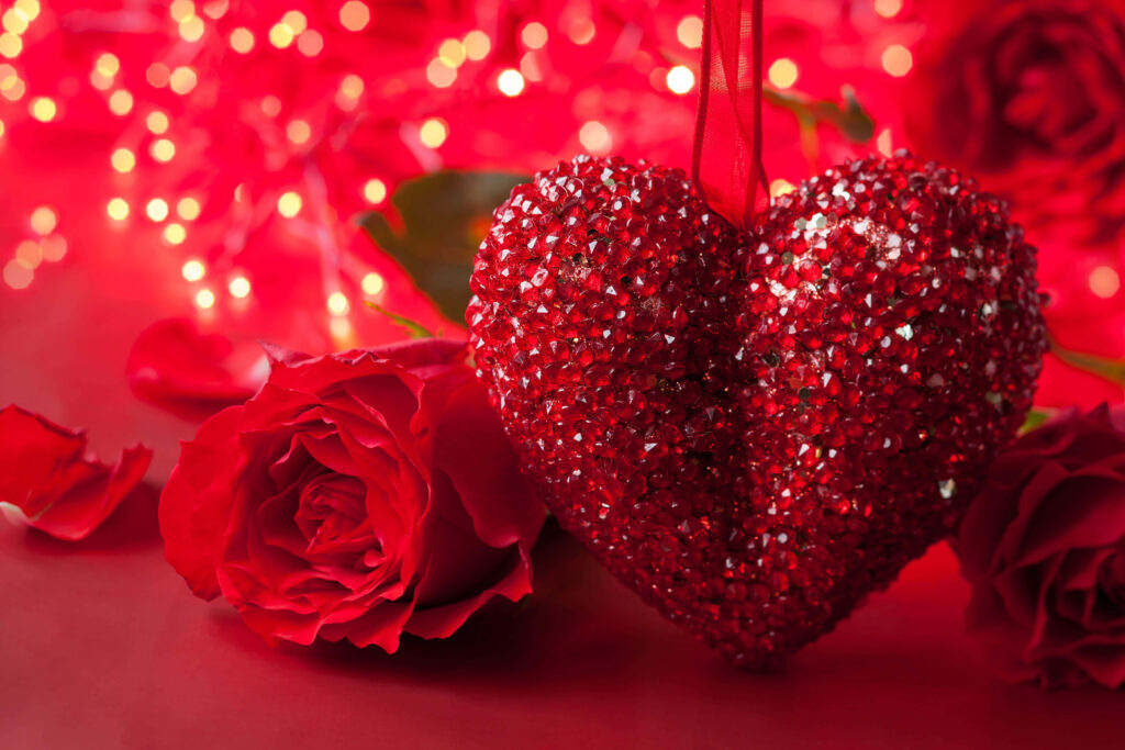Elegant Red Heart Wallpaper with Roses & Bokeh Glow