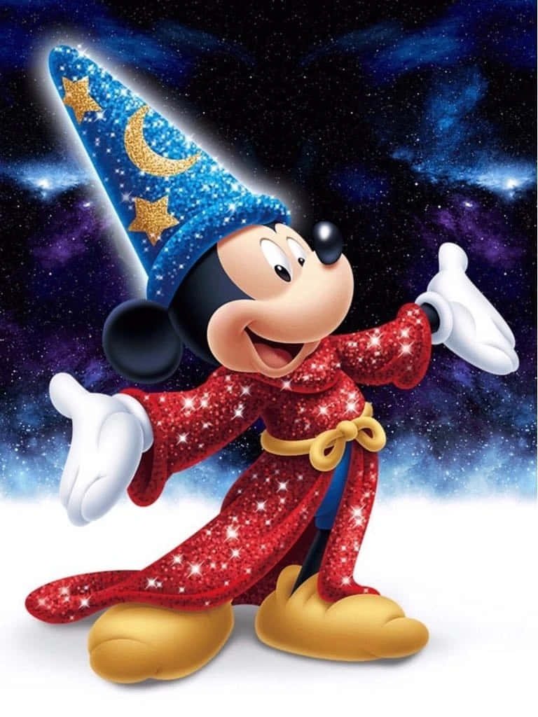 Sorcerer Mickey in red robe and blue hat against vibrant cosmic starry nebula wallpaper background