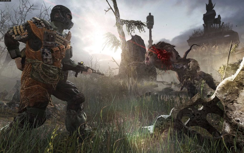 Spartan Ranger aims rifle at mutant in post-apocalyptic Metro Last Light wasteland ruins wallpaper
