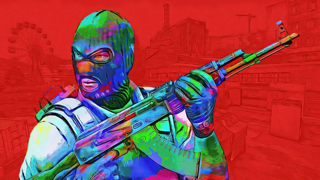 Vibrant Elite Crew Terrorist in CS GO-inspired Digital Art: AK-47 Warrior on Bold Red Background Wallpaper