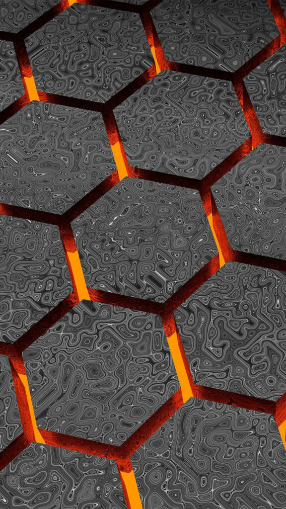 Fiery Honeycomb: Mesmerizing 3D Black Pattern on a Abstract Fire-Orange Background Wallpaper
