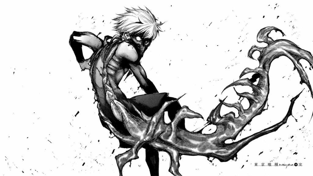 Ethereal Monochrome: A Captivating HD Wallpaper featuring Ken Kaneki from Tokyo Ghoul