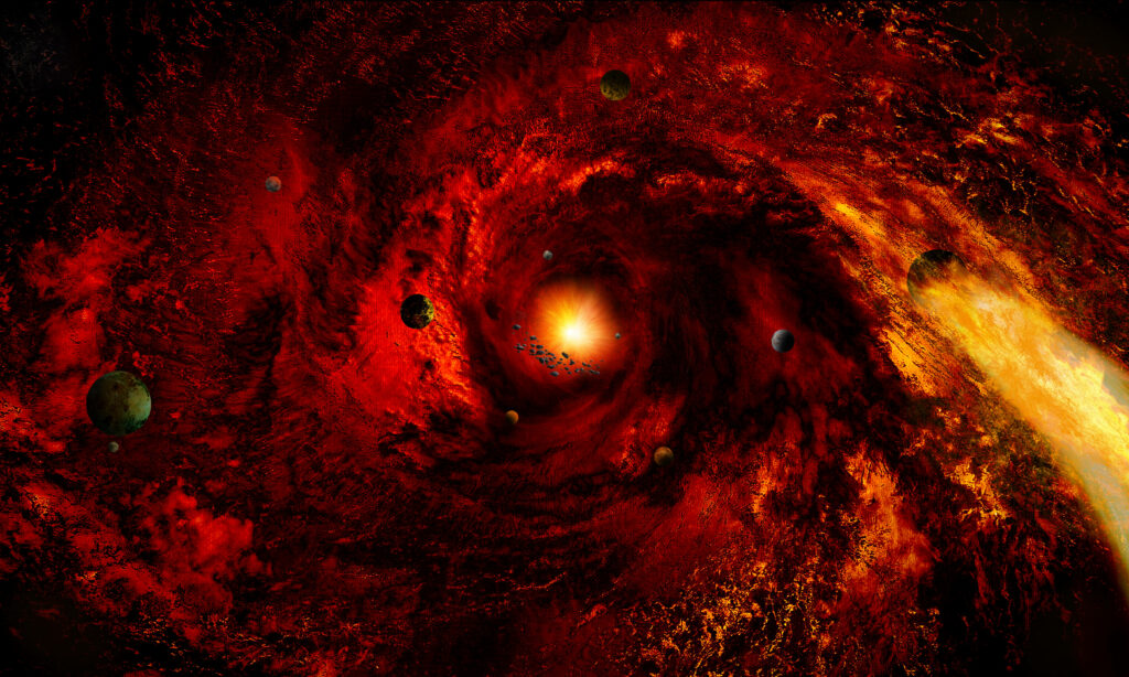 Vivid red spiral galaxy with glowing planets bright core and swirling cosmic space dust wallpaper