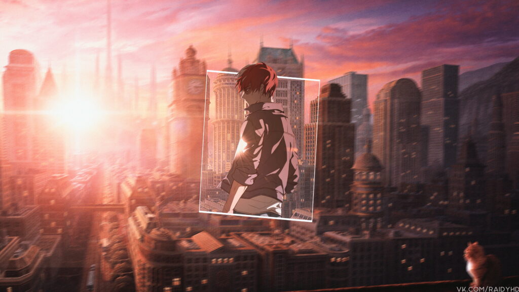 Sunset Silhouette: Anime Boys in Stunning Picture-in-Picture 4K Wallpaper from Boku no Hero Academia
