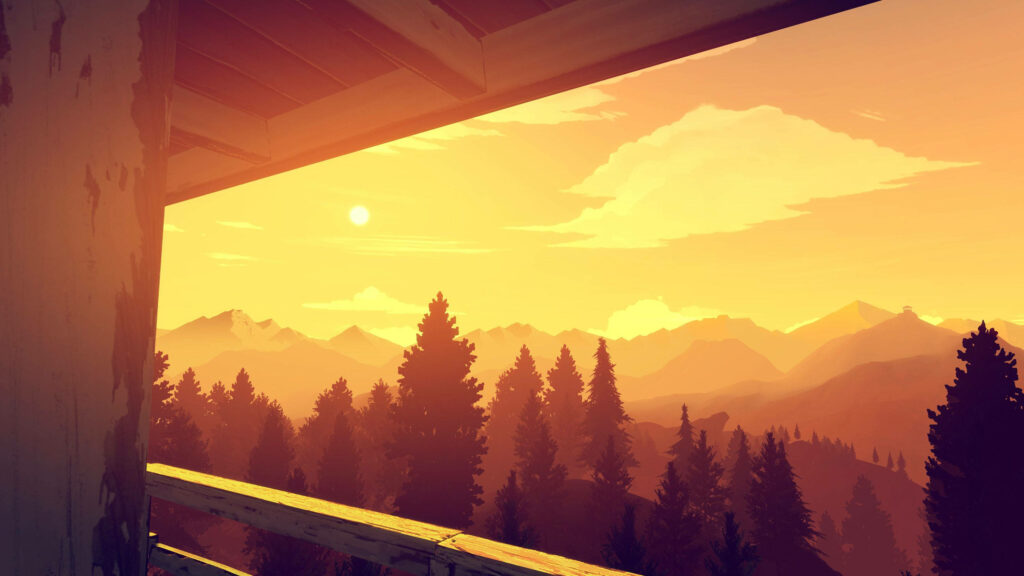 Stunning sunset view from Firewatch tower: vibrant hues, mountain silhouettes Wallpaper