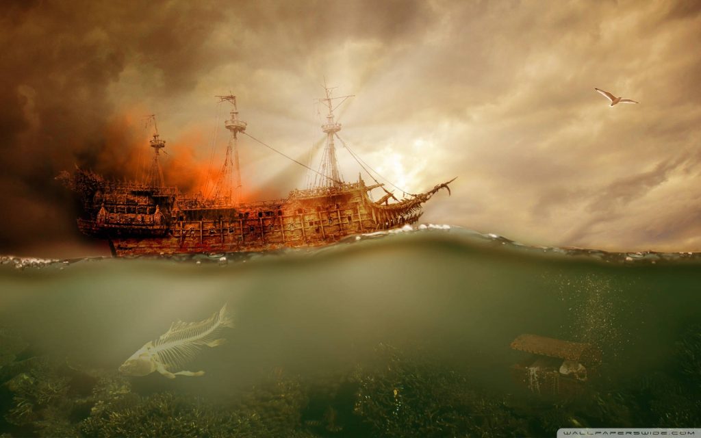 Spectral burning ghost ship on golden ocean with underwater skeleton fish and treasure chest wallpaper